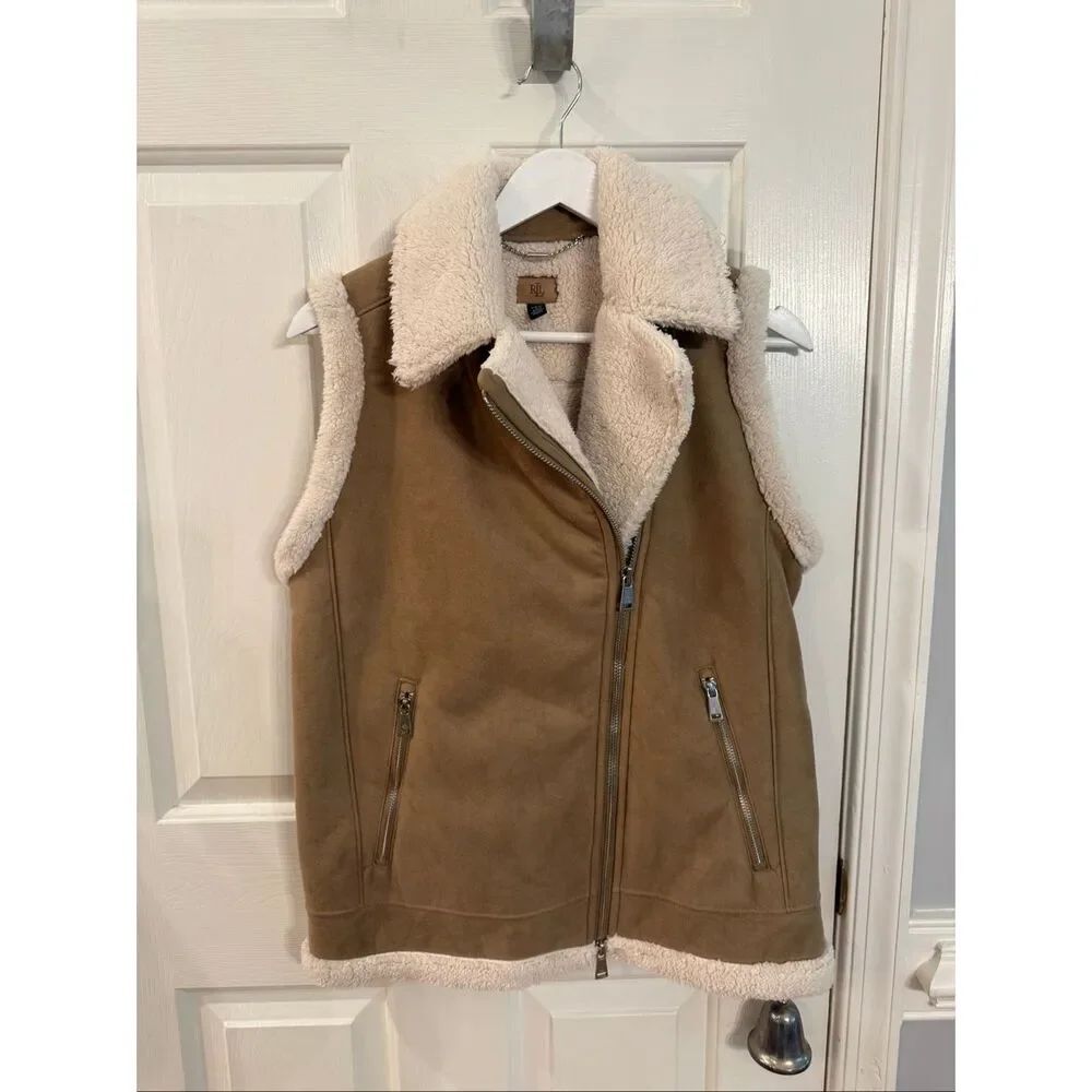 Lauren Ralph Lauren Tan Faux Suede & Shearling  Asymmetrical Zip Up Vest sz